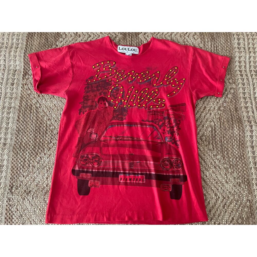 vintage LOULOU 80s graphic SZ M Red T-shirt Bedazzled Beverly Hills Rhinestones